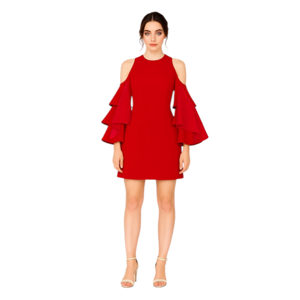 The Room Cold Shoulder Ruffle Long Sleeve Shift Dress L Red Striking Statement
